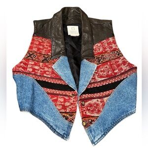 Robert Comstock Leather & Denim Southwestern Vest Size 6 Western Boho Vintage